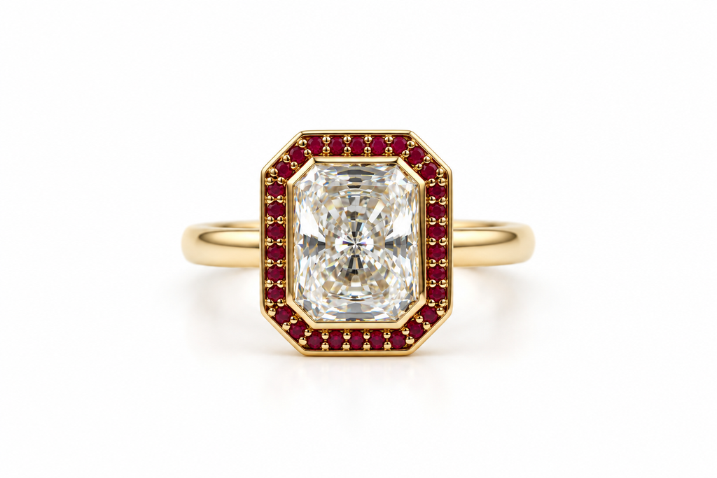 Solene Ruby Halo Engagement Ring — studio view