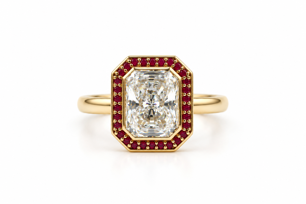 Solene Ruby Halo Engagement Ring — studio view